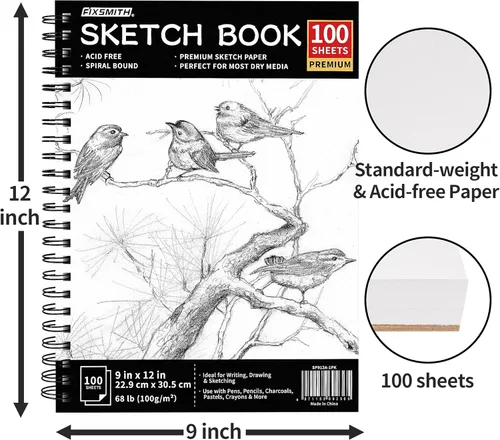 Miniatura 3 de FIXSMITH Cuaderno de bocetos de 9 x 12 pulgadas, 200 hojas (68 libras/3.53 oz/m²), paquete de 2 (100 hojas cada uno), papel de dibujo sin ácidos