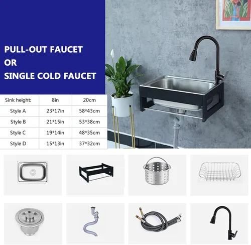 Miniatura 7 de Fregadero utilitario, fregadero de cocina de un solo tazón, fregadero de acero inoxidable montado en la pared, montaje en pared de acero inoxidable