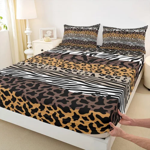 Miniatura 13 de Sábana bajera ajustable con estampado de leopardo, tamaño individual, juego de ropa de cama rústica con rayas de piel de cebra, decoración