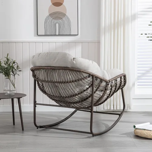 Miniatura 5 de Mecedoras para patio, mecedora de huevos de mimbre de gran tamaño, sillas Papasan tapizadas para interiores y exteriores, silla moderna para balcón