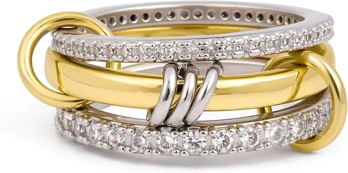 Anillos apilables para mujer, chapados en oro de 18 quilates, juego de 3 anillos con circonita cúbica, juego de anillos plateados y dorados para