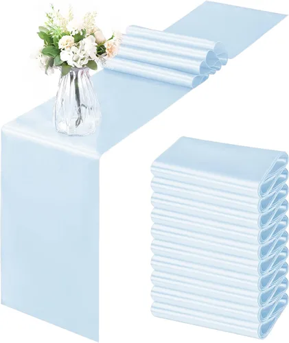 Horbaunal - Juego de 12 caminos de mesa de satén azul claro de 12 x 108 pulgadas, caminos de mesa suaves para bodas, banquetes, fiestas de cumpleaños