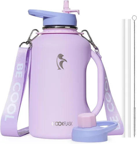 Miniatura 8 de Coolflask - Botella de agua aislada de 64 onzas, jarra de agua de medio galón con asa, popote de acero inoxidable, doble pared, de metal al vacío