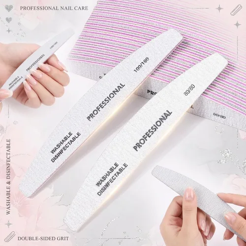 Miniatura 5 de 25 limas de uñas profesionales de media luna, grano 100/100 de doble cara, herramientas reutilizables para limar uñas naturales y acrílicas
