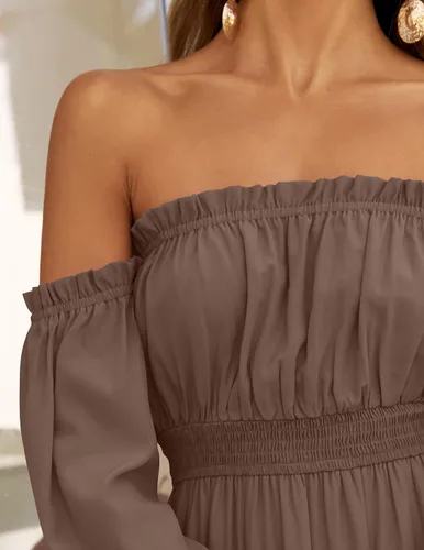 Miniatura 148 de ZESICA - Vestido largo, bohemio y sexy, con hombros descubiertos y manga larga fruncida, con elástico fruncido, cintura alta y abertura lateral