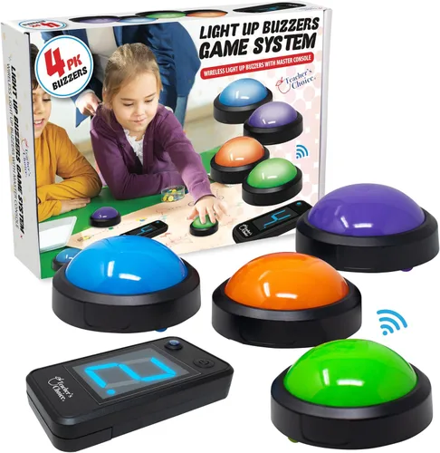 Teacher's Choice Sistema de Botón de Buzzer de Juego para 4 Jugadores con Luz Inalámbrica | Muestra al Jugador Ganador | Sonidos Fuertes y Únicos,