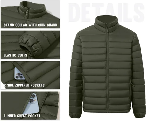 Miniatura 5 de WHN Chaqueta acolchada para hombre, ligera, impermeable, resistente al viento, cuello alto, con cremallera completa, con 3 bolsillos