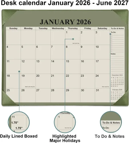 Miniatura 3 de Calendario de Escritorio 2026 con Alfombrilla de Escritorio, Calendario de Escritorio Pequeño de 18 Meses de Enero de 2026 a Junio de 2027, Verde