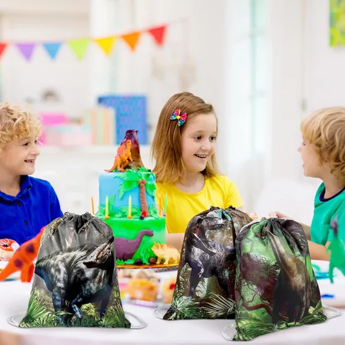 Miniatura 5 de 12 bolsas de recuerdos de fiesta de dinosaurios, regalo de dinosaurio con cordón, suministros de fiesta de cumpleaños, bolsas de regalo, mochila