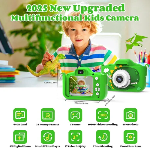 Miniatura 2 de Cámara para niños, juguetes de video para niños de 3 a 8 años, niños y niñas, cámara de 1080P de doble lente 48MP para niños pequeños con tarjeta SD
