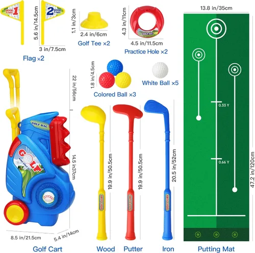 Miniatura 6 de Juego de palos de golf para niños y niñas de 1, 2, 3, 4 años, juego de palos de golf para niños con carrito y tapete de puting, juguetes deportivos