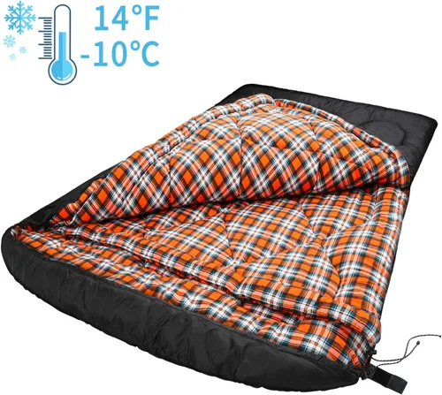 Miniatura 4 de Saco de dormir doble de 0 grados para adultos, forro de franela de algodón para 2 personas, tamaño Queen, cálido saco de dormir para familia