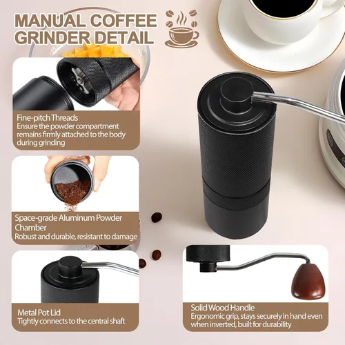 Miniatura 5 de Molinillo de café manual desmontable con rebabas cónicas de acero inoxidable de 25 niveles, molinillo portátil de grano de café de aluminio