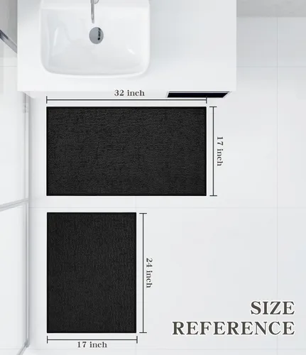 Miniatura 2 de Chakme Juego de 2 alfombras de baño ultrafinas, absorbentes, antideslizantes, lavables a máquina, color negro, 17 x 24 pulgadas / 17 x 30 pulgadas