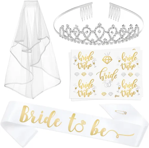 Kit de decoración de fiesta para novias. Accesorios para ajuar de novia, faja, tiara, bandas doradas y plateadas, velos y tatuajes