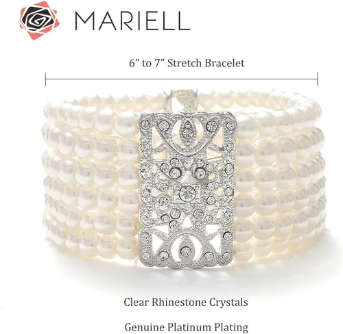 Miniatura 5 de Mariell Pulsera elástica de perlas de marfil y cristal, tamaño mediano de 6 a 7 pulgadas, se adapta a la mayoría de muñecas, perlas de imitación