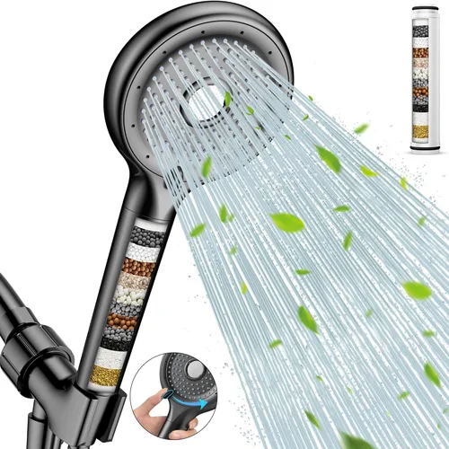 FEELSO Cabezal de ducha filtrado con mano, cabezal de ducha de alta presión de 6 modos de pulverización con filtro, 15 etapas de suavizante de agua