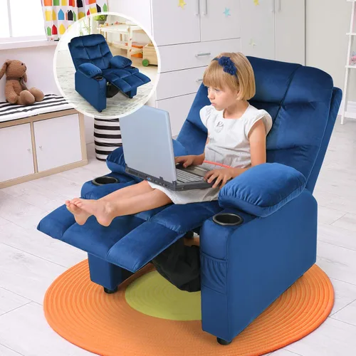 Miniatura 9 de Costzon Silla reclinable para niños con soporte para tazas, silla de salón de terciopelo ajustable con reposapiés y bolsillos laterales