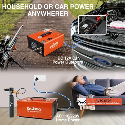 Miniatura 4 de Compresor de aire PCP 4500PSI/30MPA, bomba de llenado rápido sin aceite de 350W con apagado automático, alimentación dual 12V DC y 110V/220V AC