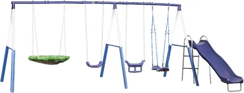 XDP Recreation Surf N Swing - Juego de columpio y juego de 5 estaciones de acero pintado para niños con tobogán ondulado, protectores de piernas de