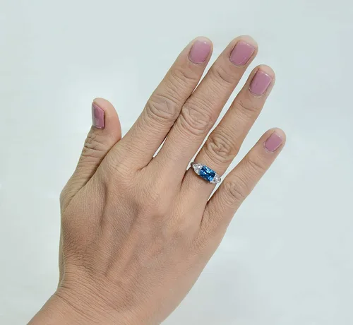 Miniatura 2 de 925 Sterling Silver Ring Genuine Gems Emerald-Cut 8x6 mm 2.5 Cts, East-West Setting, Rhodium-Plated Finish