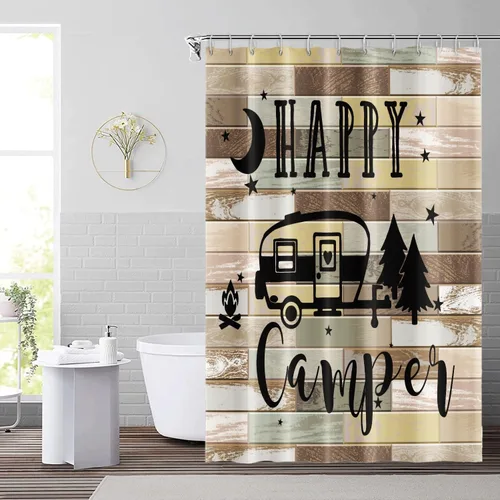 Miniatura 23 de Cortina de ducha Happy Camper de 48 x 72 pulgadas, diseño de caricaturas, remolque, hoguera, aventura al aire libre, cortina de baño para decoración