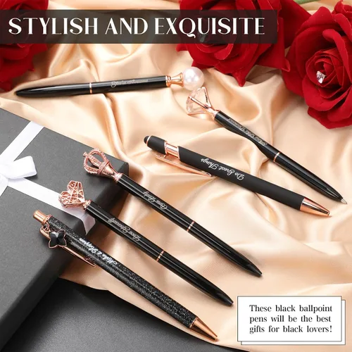 Miniatura 4 de Qeeenar 6 bolígrafos elegantes para mujer, bolígrafo de diamantes de cristal para diario, bonito bolígrafo con purpurina con caja, regalos Negro