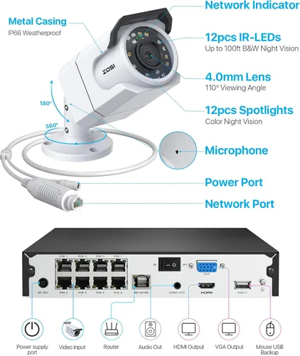 Miniatura 8 de ZOSI Sistema de cámara de seguridad PoE de 8 canales 4K con audio, 4 cámaras PoE para interiores y exteriores de 8 MP, visión nocturna a