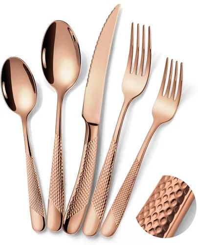 Lemeya Juego de cubiertos martillados de oro rosa martillado de 20 piezas para 4 con cuchillos de forja dentados, juego de cubiertos moderno de