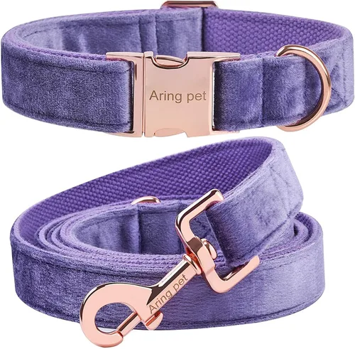 ARING PET Juego de collar y correa de terciopelo para perro, collar y correa de perro morado suave, collares ajustables para perros Púrpura