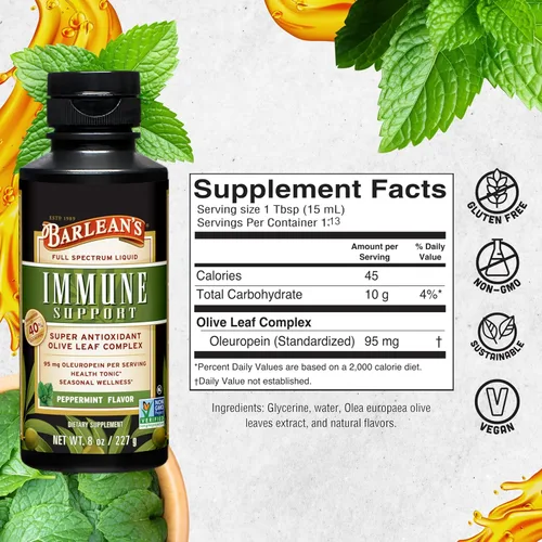 Miniatura 6 de Barlean's Suplemento líquido de apoyo inmunológico con complejo de hoja de olivo de menta, 95 mg de antioxidantes de oleuropeína, 8 onzas