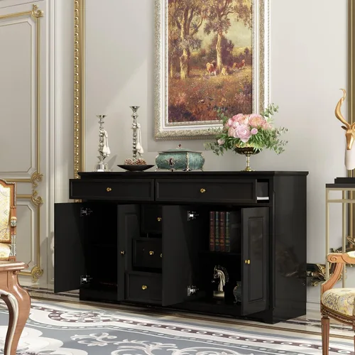 Miniatura 3 de AIEGLE Aparador de cocina negro con 4 puertas y 5 cajones, armario de almacenamiento grande de 59.1 pulgadas de ancho, consola de mesa, armario