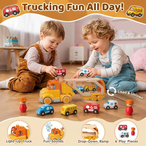 Miniatura 3 de Juguetes de autos para niños pequeños de 2, 3, 4, 5 años, juguete de camión transportador con 4 vehículos de madera, remolque de pista plegable