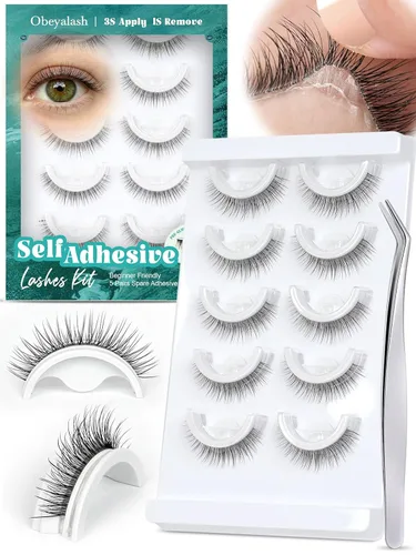 Miniatura 8 de Obeyalash Pestañas autoadhesivas de ojo de gato, banda negra y adhesivo negro, pestañas postizas a presión, 5 pares de pestañas postizas de aspecto
