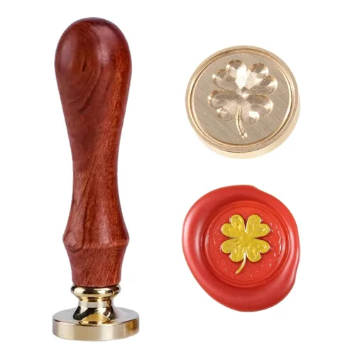 Sello de cera de trébol de cuatro hojas, sello de trébol de la suerte con mango de palisandro 1'' 2.5cm, sello distintivo de cera de sellado, un