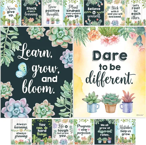 Decorably 15 pósteres de plantas para aula, inspiradores de 11 x 14 pulgadas, póster motivacional laminado mate, para escuela, pasillos, tablones de