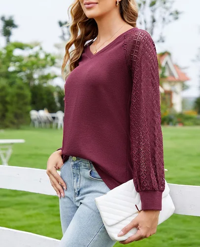 Miniatura 7 de MINTLIMIT Blusa de manga larga con encaje para mujer, estilo informal, elegante, de verano, holgada, de punto, cuello en V, sin botones