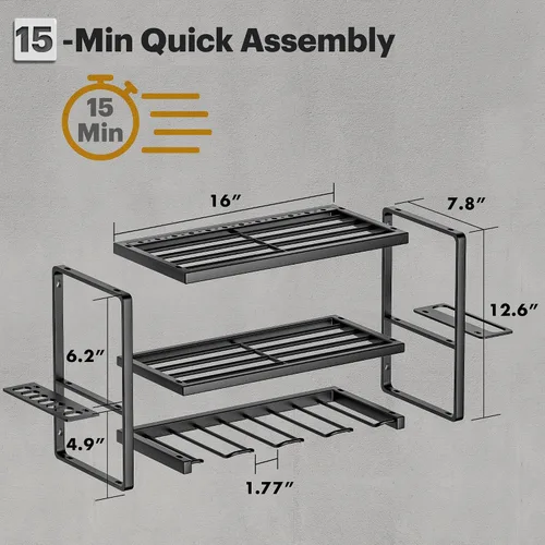 Miniatura 3 de Organizador de Herramientas Eléctricas de Servicio Pesado para Montaje en Pared, Estante de Metal de 3 Capas con 4 Soportes para Taladro