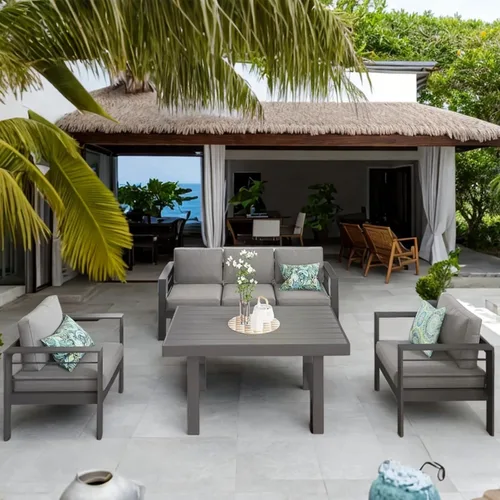 Miniatura 9 de Solaste Juego de muebles de aluminio para patio, 5 piezas, moderno juego de conversación al aire libre, sofá seccional con cojín mejorado y mesa