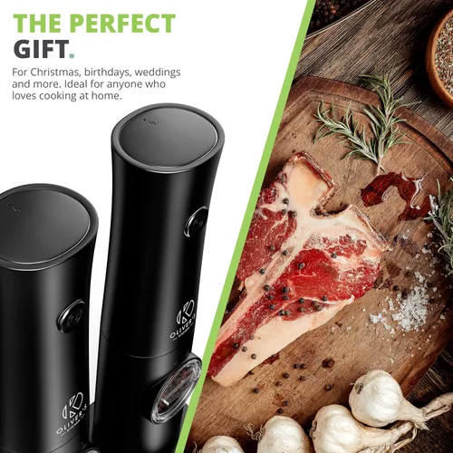 Miniatura 7 de Oliver's Kitchen ® Molinillos eléctricos de sal y pimienta, no requiere baterías con base USB-C recargable, fácil operación con 1 toque, grosor Negro