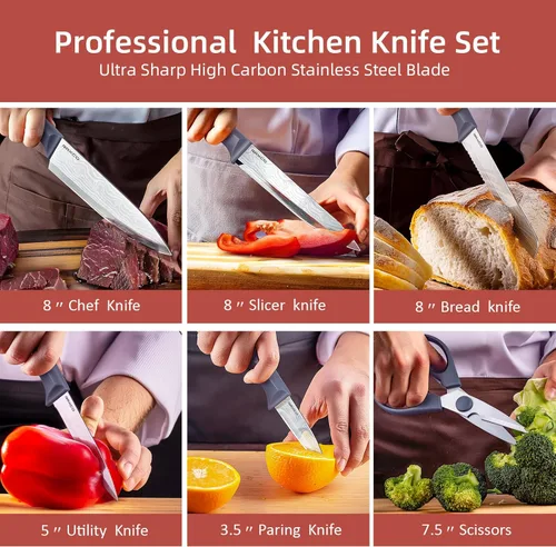 Miniatura 6 de RAXCO Juego de cuchillos de cocina de 10 piezas Soporte de acero inoxidable Diseño compacto - Gris Damasco.