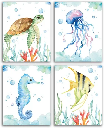 Miniatura 9 de CHIEN-CHI LILI Juego de 4 impresiones artísticas de acuarela para baño de Sea Marine Life (8 x 10 pulgadas), diseño de tortugas marinas, caballito