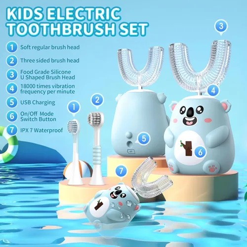 Miniatura 5 de Cepillo de dientes eléctrico en forma de U para niños, limpieza sónica automática de 360°, 6 modos, 4 cabezales de cepillo, bonito diseño de koala