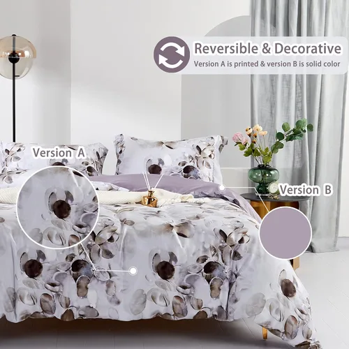 Miniatura 6 de MILDLY Fundas de edredón tamaño Queen, 100% algodón de fibra larga, suave y transpirable, juego de funda de edredón abstracta con pintura de Morado