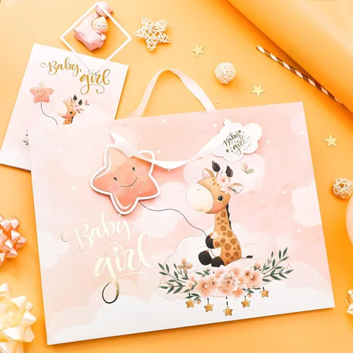 Miniatura 6 de WRAPAHOLIC Bolsa de regalo extra grande de 16" para bebé niña con tarjeta y papel de seda - Para baby shower, bebé recién nacido Jirafa bebé niña