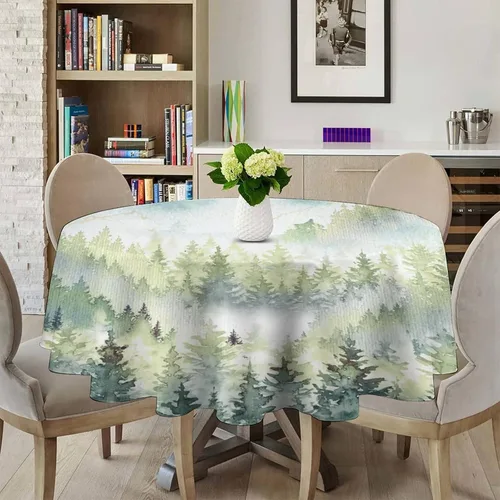 Miniatura 3 de Mantel redondo de montaña con bosque brumoso, acuarela, verde brumoso, rústico, paisaje, pájaros, naturaleza, arte, para interiores y exteriores