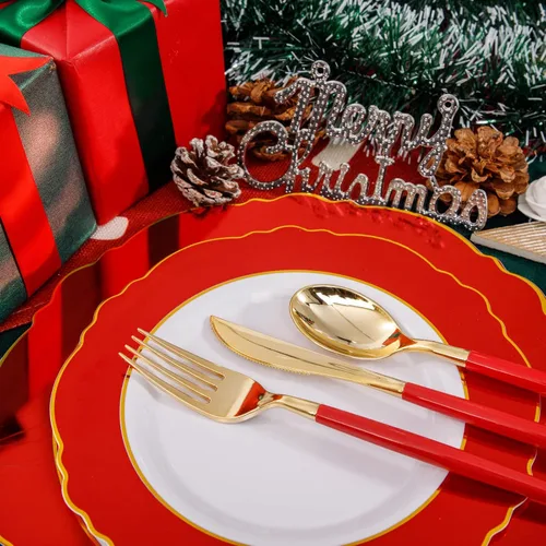 Miniatura 4 de WDF 30Guest - Platos de plástico rojo – cubiertos de plástico dorado con mango rojo – platos rojos desechables – Vajilla barroca de plástico
