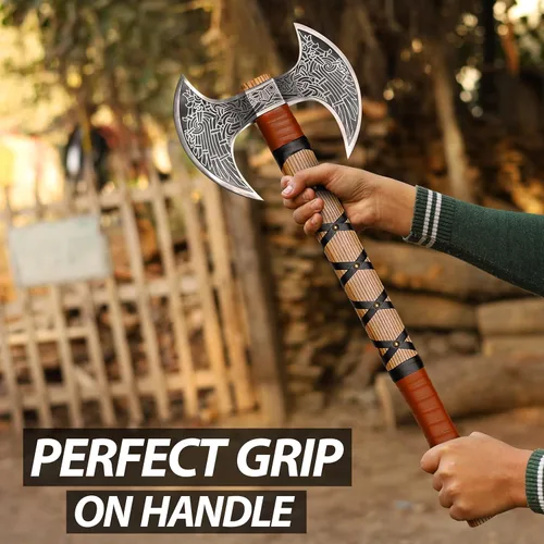 Miniatura 4 de SHINY CRAFTS® Hacha Vikinga Hecha a Mano – Hoja Nórdica Grabada con Mango de Madera Regalo Único para Hombres, Coleccionistas, Cosplay y Decoración