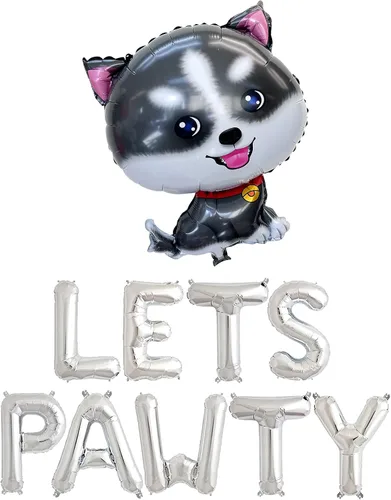 Miniatura 2 de Suministros de fiesta de cumpleaños para perros, fiesta de cumpleaños de perro Husky de Alaska, pancarta de globos de Lets Pawty, decoraciones