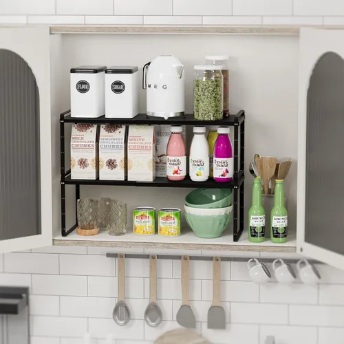 Miniatura 5 de SANNO Organizador de estantes de cocina expandibles, altura ajustable, gran apilable, armario de cocina, organizador de despensa y mostrador, Negro